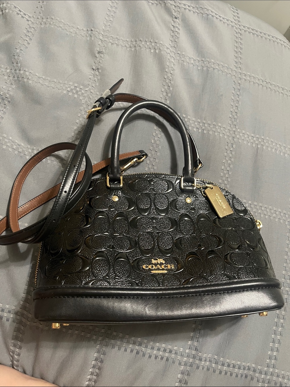 Coach Black Embossed Leather Dome Satchel with Gold Hardware